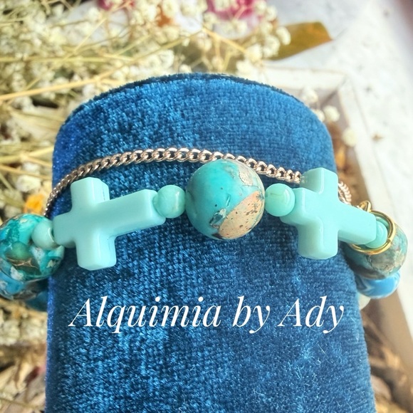 Turquoise crystals and rose gold chain layered bracelet - Picture 3 of 8